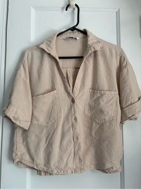 Zara Beige Linen Blend Utility Shirt Jacket – Short Sleeve Button Front, Sz: S
